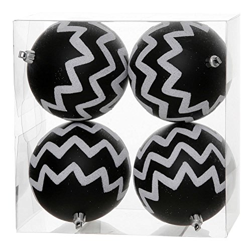 Vickerman Pack of 4 Matte Black and White Glitter Chevron Striped Christmas Ball Ornaments 4.75″ (121mm)