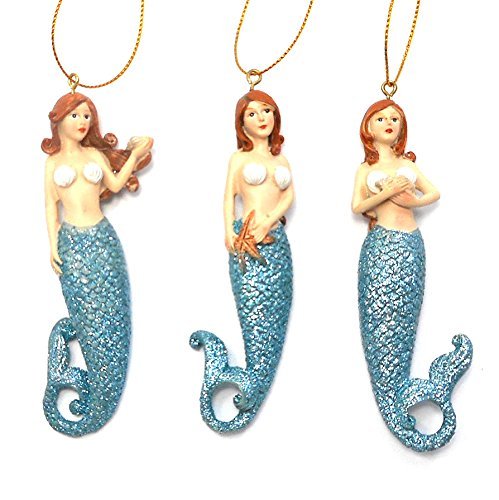 Blue Mermaids of the Sea Coastal Christmas Holiday Ornaments Resin Set of 3 by Beachcombers
