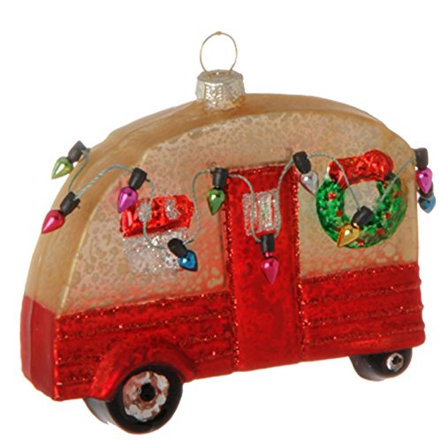 4 Inch Glass Glitter Camper RV Ornament with Christmas Wreath and Lights