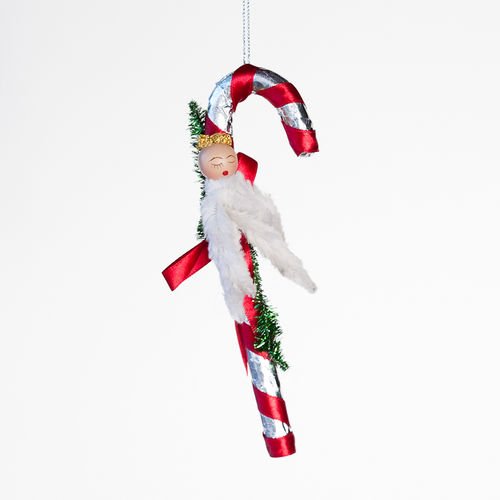 CANDY CANE Ornament with Chenille Angel 7″ vintage-style Christmas Decor RETRO