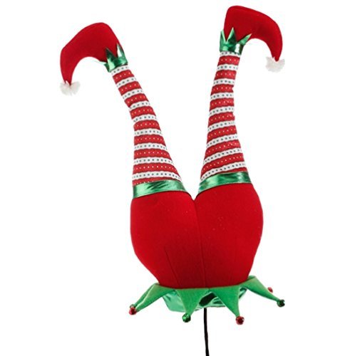 Red Plush Elf Butt Pick Accent Christmas Tree Ornament Decor, 21 Inch x 9.5 inch on Bendable stick