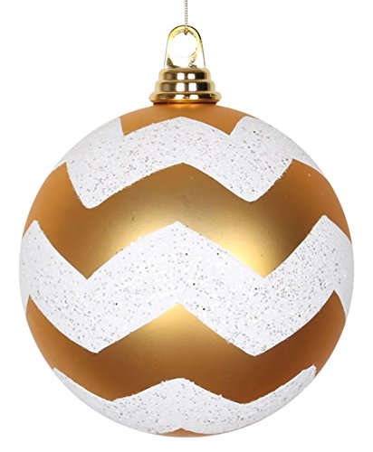 Vickerman Gold Matte with White Glitter Chevron Commercial Size Christmas Ball Ornaments 6″ (150mm)