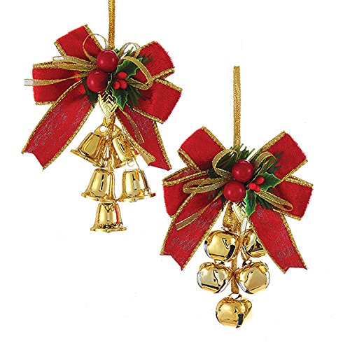 Kurt Adler 1 Set 2 Assorted Red, Green And Gold Bow And Bells Christmas Ornaments