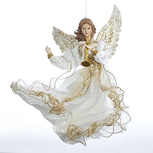 Kurt Adler Ivory And Gold Flying Angel With Trumpet Holiday Ornament