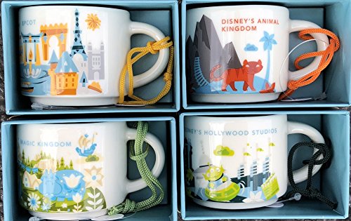 Set of 4: Disney’s Animal Kingdom + Magic Kingdom + Hollywood Studios + Epcot You Are Here Starbucks 2 Ounce Mini Mug ORNAMENTS