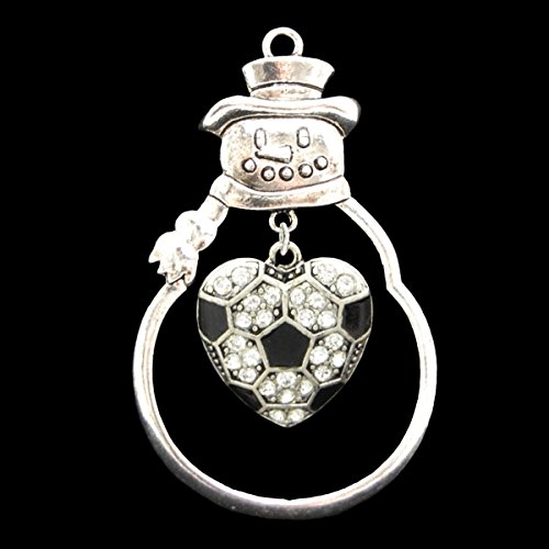 SOCCER Heart Ornament is Embellished with Clear Crystal Rhinestones. Jeweled Heart Dangles Inside Silver Metal Snowman Bulb. Show Pride in the Game You Love!