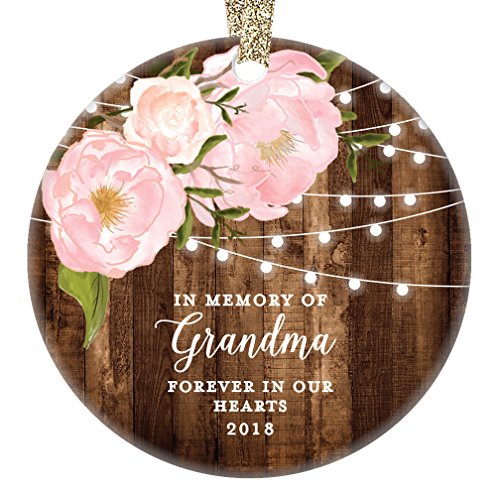 In Memory of Grandma 2018, Grandmother Tribute Christmas Ornament Forever In Our Hearts Keepsake Dated Pink Peony Xmas Farmhouse Collectible 3″ Flat Circle Porcelain w Gold Ribbon & Free Gift Box