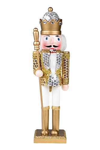 King Nutcracker | Traditional Christmas Decor | With King’s Royal Scepter | Wearing Gold and White Sequin Shirt | Perfect for Any Collection | Perfect for Shelves & Tables | 100% Wood | 12″ Tall