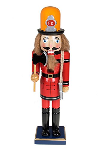 Traditional Fireman Wooden Nutcracker Decoration by Clever Creations | Red & Black Fire Fighter with Axe & Hose | Premium Festive Christmas Decor | 15″ Tall Perfect for Shelves and Tables