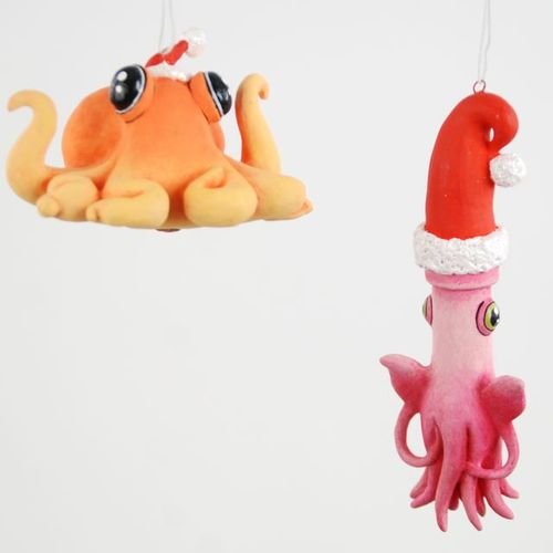 Coastal Pink Santa Squid and Orange Octopus Christmas Holiday Ornaments Set of 2