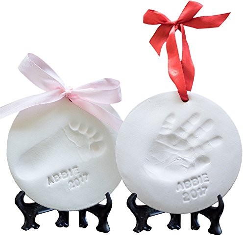 Baby Ornament Keepsake Kit (NEWBORN BUNDLE) 2 EASELS, 4 RIBBONS & LETTERS! Baby Handprint Kit and Footprint Kit, Clay Casting Kit for Baby Shower Gifts, Boys & Girls