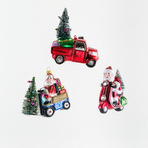 Santa on a Vehicle w/Tree Ornament, Set of 3