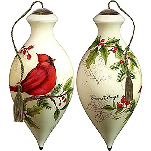 Ne’Qwa Art Hand Painted Blown Glass Cardinal Holly Ornament, Multicolor