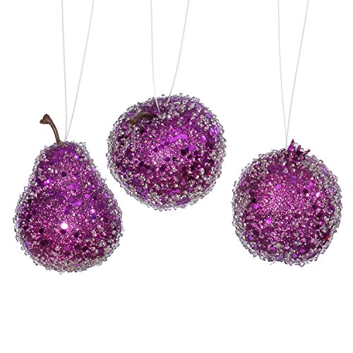 Vickerman 3ct Purple Beaded, Sequin and Glitter Pear, Apple and Pomegranate Fruit Christmas Ornaments