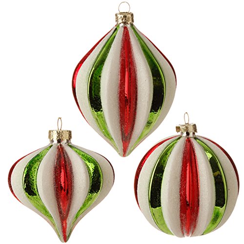 RAZ Imports – Red Green and White Finial, Kismet and Ball Christmas Tree Ornaments – Set of 3