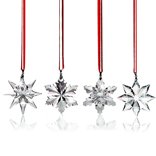 H&D Clear Crystal Snowflake Star Unique Pattern Ornaments with Gift Box, Pack of 4