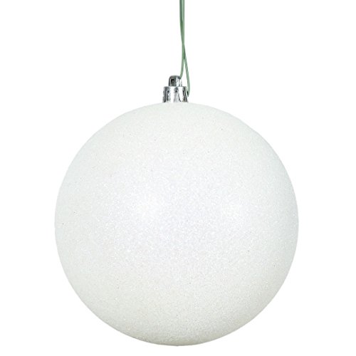 Vickerman N592001DG Glitter Ball Ornament with Shatterproof & UV Resistant, Pre-drilled cap Secured & 6″ of Green Floral Wire, 8″, White