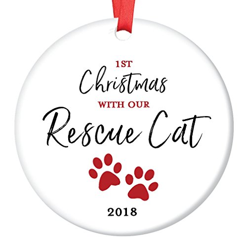 Rescue Cat Ornament 2018 Pet Adoption Holiday Tree First Year 1st Christmas New Forever Home Kitty Kitten Adopted Ceramic Collectible Present 3″ Flat Porcelain Keepsake with Red Ribbon & Free Gift Box