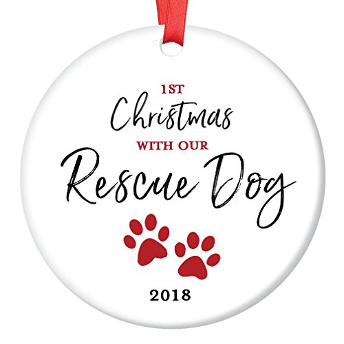 Rescue Dog Ornament Pet Adoption 2018 Holiday Tree First Year 1st Christmas New Forever Home Doggie Puppy Adopted Ceramic Collectible Present 3″ Flat Porcelain Keepsake with Red Ribbon & Free Gift Box