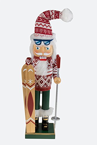 Clever Creations Traditional Wooden Santa Skier Christmas Nutcracker Collectible Mr. Claus in Ski Sweater | Festive Holiday Décor | Holding Skis and Poles | 100% Wood | 14” Tall