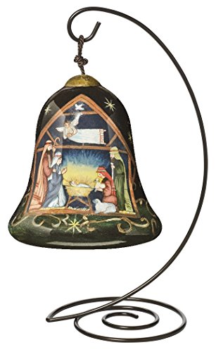 Ne’Qwa Petite Bell Shaped Glass Ornament with Classic Hanging Stand, “Away In A Manger” Artist Susan Winget, #7151171