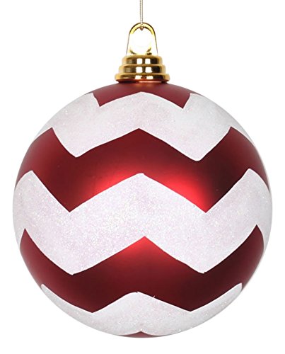 Vickerman Red Matte with White Glitter Chevron Commercial Size Christmas Ball Ornaments 6″ (150mm)