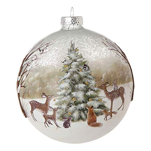 RAZ Imports Painted Glass Ornament — Deer and Forest Friends w/Christmas Tree
