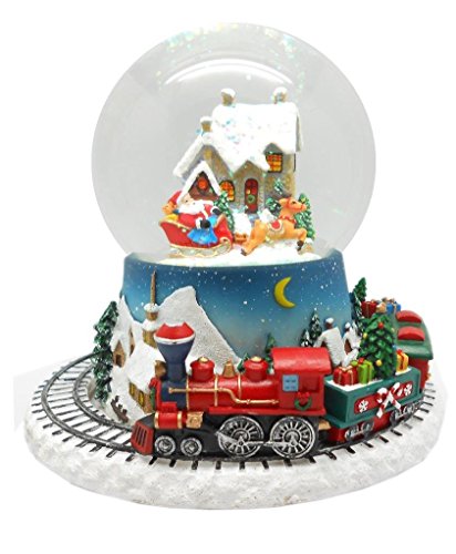 Lightahead Musical Christmas Santa on his Sleigh Figurine Water ball Snow Globe with the Inside Figurine And Outside Train Revolving in Polyresin