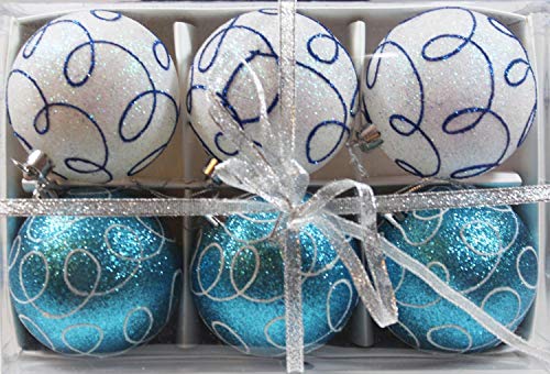 Festive Season Winter Turquoise Swirl Shatterproof Christmas Ball Ornaments, Tree Decorations (Set of 6, 80mm)