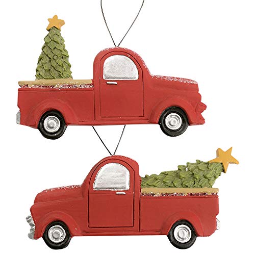 Blossom Bucket Christmas Truck with Tree 3 x 5 Inch Resin Stone Christmas Ornament Set of 2
