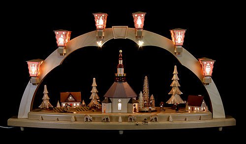 ISDD German candle arch Village of Seiffen, length 80 cm/32 inch, natural, electrically illuminated, with music box, original Erzgebirge by Richard Glaesser Seiffen