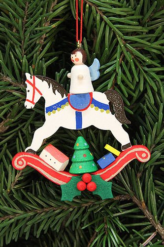 Authentic German Erzgebirge Handcraft Tree Ornaments Tree Ornament Angel on Rocking Horse – 6,8×7,4cm / 2.7×2.9inch – Christian Ulbricht
