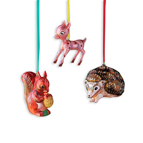 One Hundred 80 Degrees Set of 3 Handpainted Glass 4 Inch Deer Squirrel and Hedgehog Ornaments