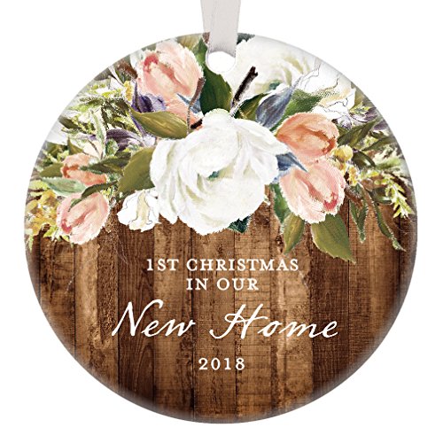 2018 New Home Christmas Ornament, First Christmas in Our New House Housewarming Christmas Gift Rustic Modern Farmhouse Floral Present Pretty 3″ Flat Circle Porcelain w/White Ribbon & Free Gift Box