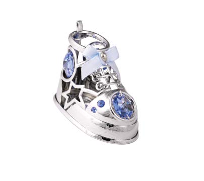 Chrome Plated Baby Shoe Ornament w/Blue Swarovski Element Crystal