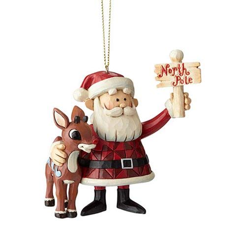 Department56 Enesco Jim Shore Traditions 6001891 Rudolph and Santa Holding North Pole Sign Hanging Ornament
