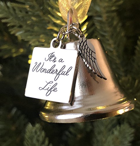 K9King It’s a Wonderful Life Inspired Christmas Angel Bell Ornament with Stainless Steel Angel Wing Charm. New Larger Size and Now Comes with 2 Interchangeable Ribbons.
