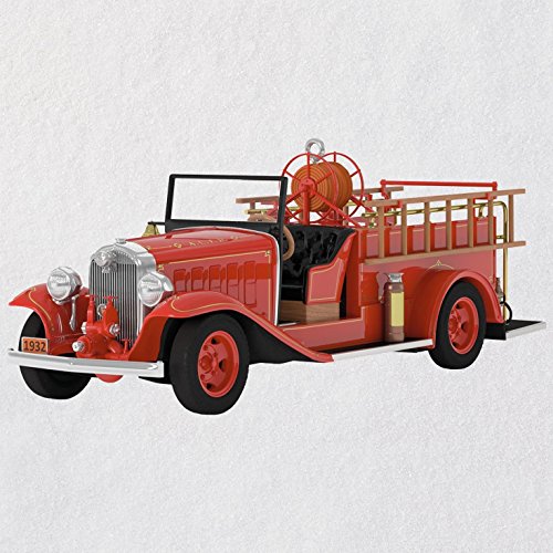 Hallmark Keepsake Christmas Ornament 2018 Year Dated, Fire Truck Brigade 1932 Buick Fire Engine With Light