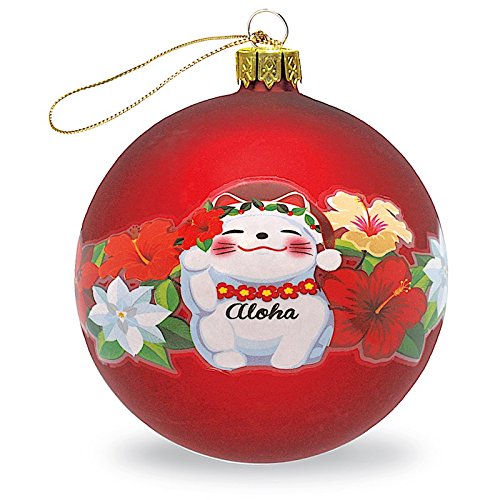 Island Heritage Hawaiian Asian Maneki Neko Good Luck CAT MELE Kalikimaka Christmas Glass Ball Gift Ornament