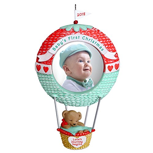 Hallmark Keepsake Ornament 2018 Personalized Year Dated, Baby’s First Christmas Love’s Journey Begins Picture Frame, Photo, Hot Air Balloon