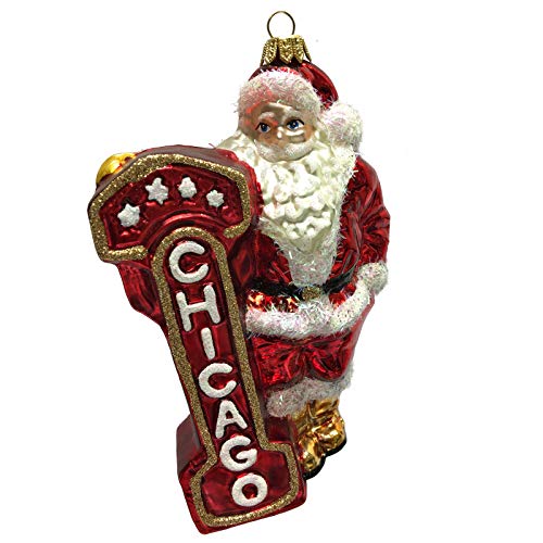 Pinnacle Peak Trading Company Santa Claus with Chicago Marquee Sign Polish Glass Christmas Tree Ornament
