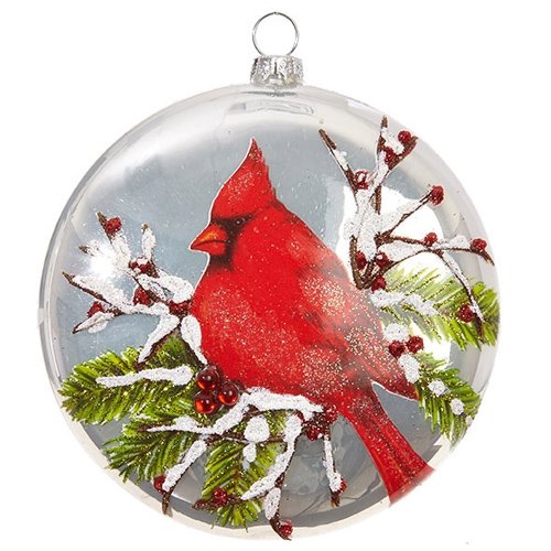 Winter Red Cardinal Bird Christmas Glass Disc Ornament, 5 Inch