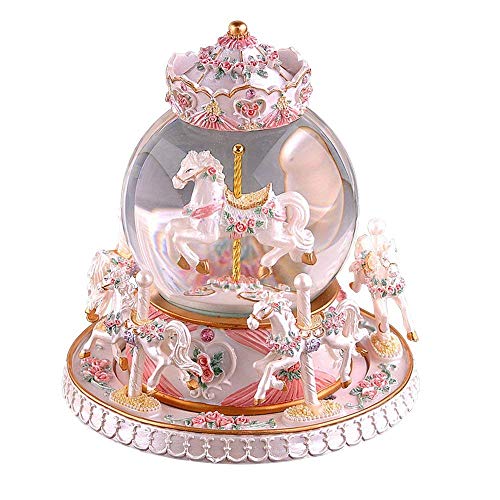 YOUDirect Rotate Music Box Carousel Crystal Ball Snow Globe with Castle in The Sky Tune and Light Up Color Changing Perfect for Birthday Gift Valentine’s Day (Pearl White)