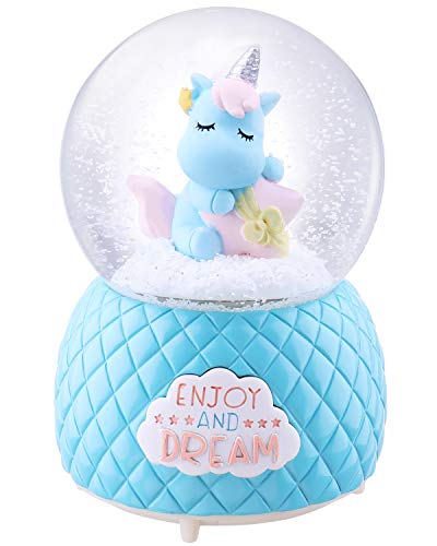 Musical Unicorn Snow Globe for Kids, 100mm Resin Glitter Music Box with Multiple Tunes, Gift for Girls – Blue