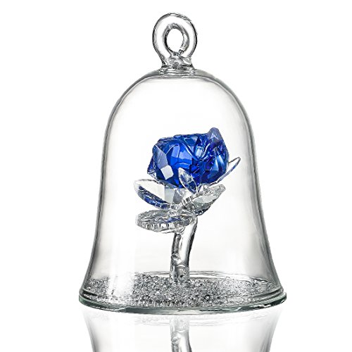 H&D Crystal Enchanted Rose Flower Figurine Dreams Ornament in a Glass Dome Gifts for her (Royal Blue)