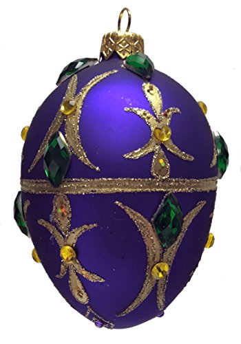 Pinnacle Peak Trading Company Purple Egg with Green and Gold Jewels Polish Glass Christmas Ornament Mardi Gras