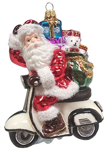 Pinnacle Peak Trading Company Santa Claus Driving a White Scooter Polish Glass Christmas Ornament Decoration