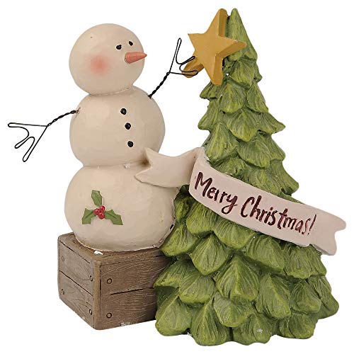 Blossom Bucket Snowman with Tree 3.75 x 3.25 Inch Resin Stone Christmas Tabletop Figurine