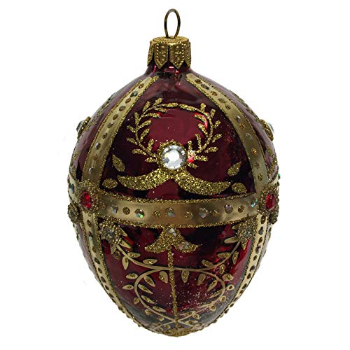 Pinnacle Peak Trading Company Burgundy and Gold Jeweled Faberge Inspired Egg Polish Glass Christmas Ornament