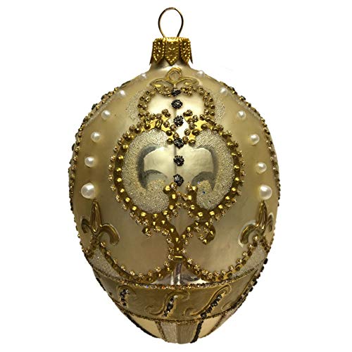 Pinnacle Peak Trading Company Champagne and Gold Jeweled Faberge Inspired Egg Polish Glass Christmas Ornament